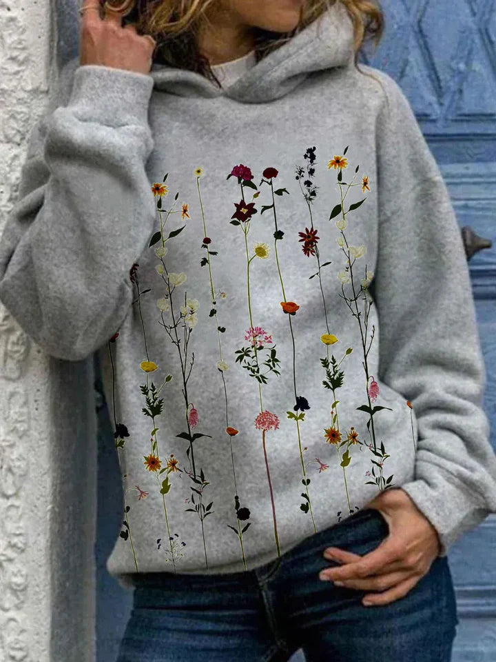 Hoodie för Kvinnor | Comfy | Grå | Pullover Hoodie | Flower Hoodie-Eva Jonsson