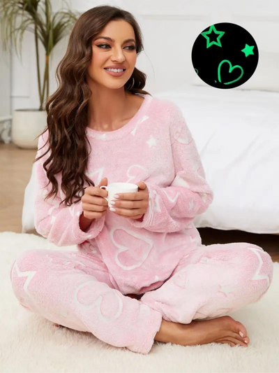 Pyjamasset med hjärta | Dam Mysiga vinternattplagg i fleece-Eva Jonsson