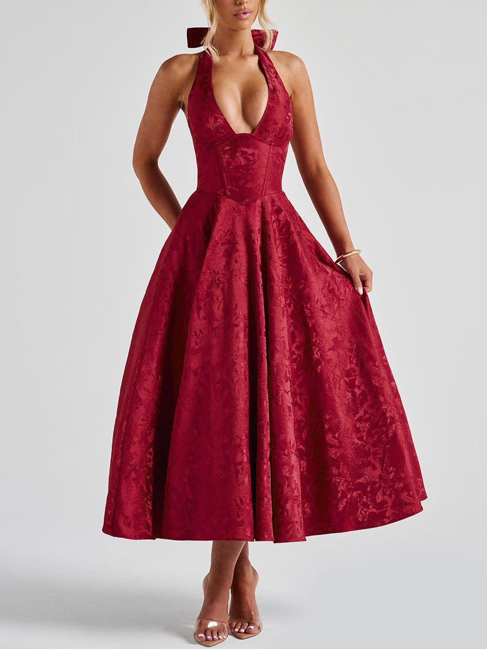 A-Linien-Kleid aus Jacquard mit tiefem Ausschnitt und luxuriösem Blumenmuster – Mirla