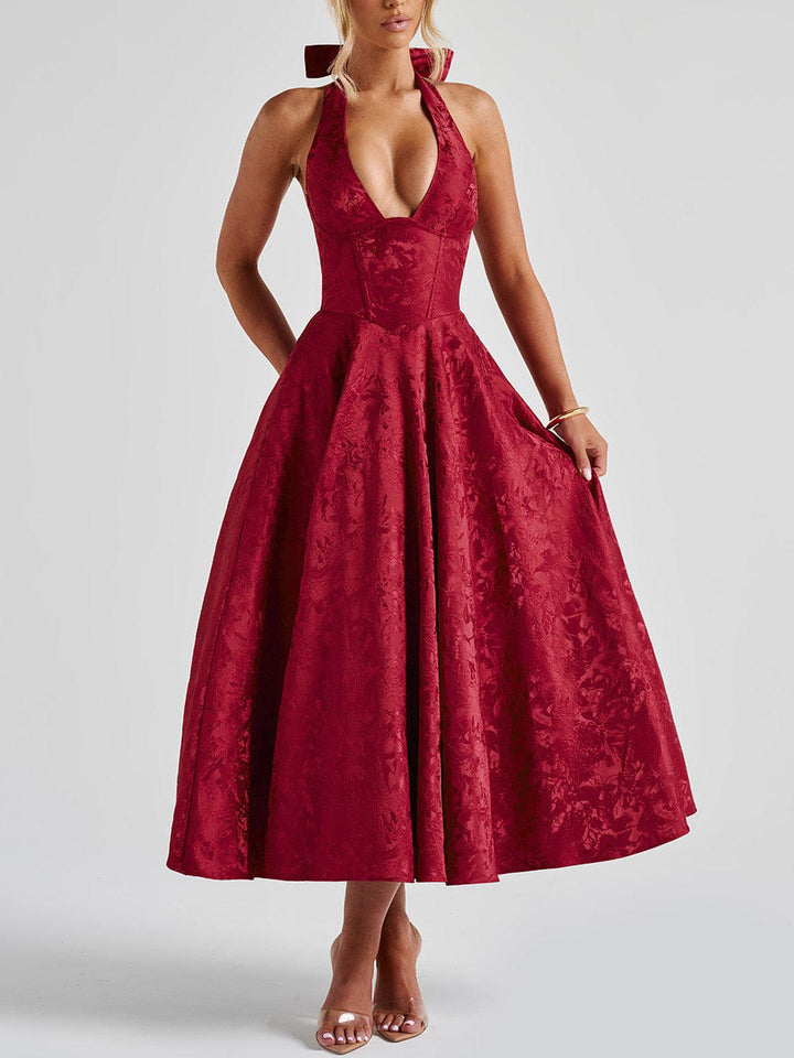 A-Linien-Kleid aus Jacquard mit tiefem Ausschnitt und luxuriösem Blumenmuster – Mirla