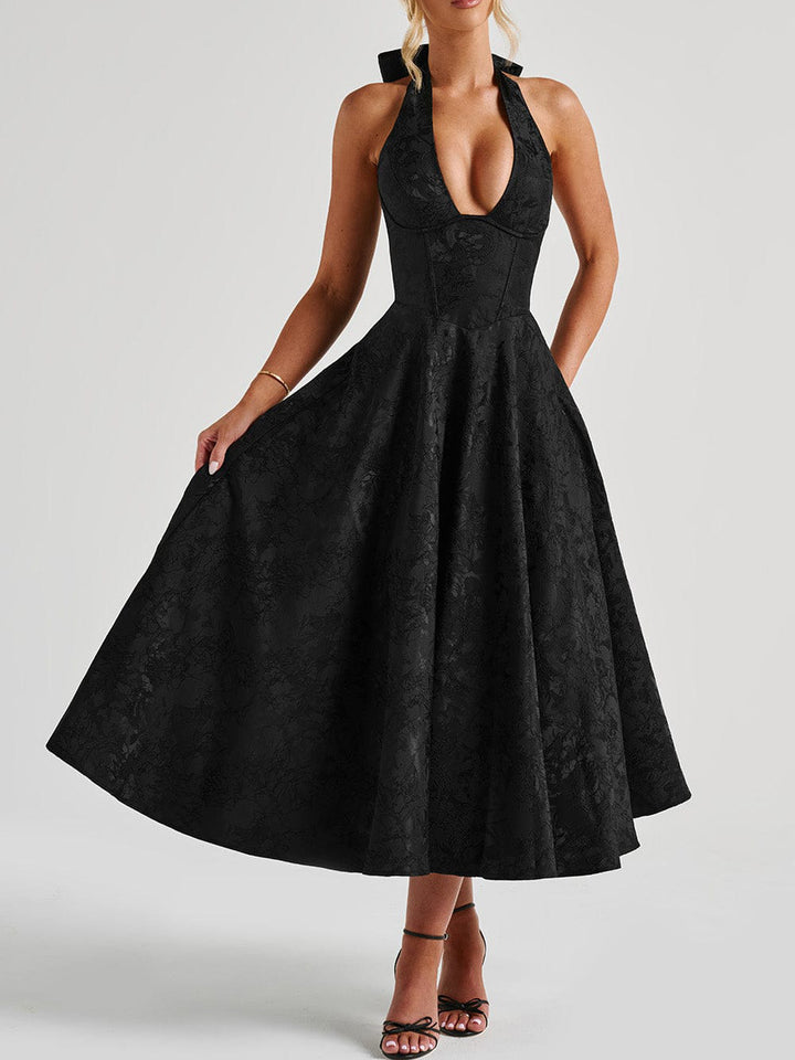 A-Linien-Kleid aus Jacquard mit tiefem Ausschnitt und luxuriösem Blumenmuster – Mirla