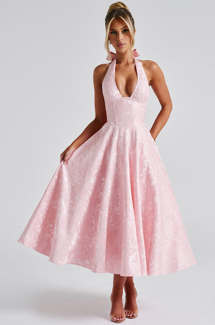 A-Linien-Kleid aus Jacquard mit tiefem Ausschnitt und luxuriösem Blumenmuster – Mirla