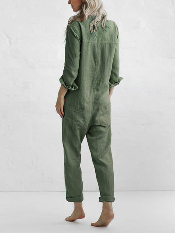 Avslappnad jumpsuit | knappslå | krage | långärmad jumpsuit | linnejumpsuit dam-Eva Jonsson