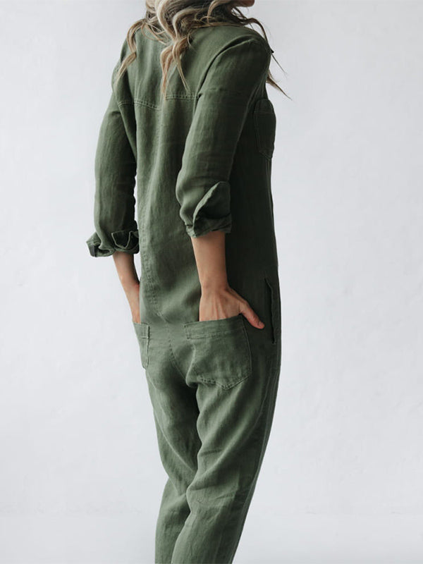 Avslappnad jumpsuit | knappslå | krage | långärmad jumpsuit | linnejumpsuit dam-Eva Jonsson