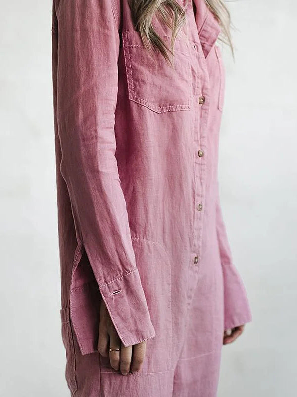 Avslappnad jumpsuit | knappslå | krage | långärmad jumpsuit | linnejumpsuit dam-Eva Jonsson