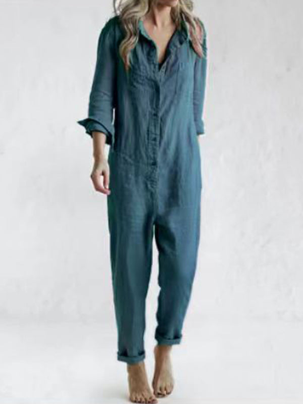 Avslappnad jumpsuit | knappslå | krage | långärmad jumpsuit | linnejumpsuit dam-Eva Jonsson