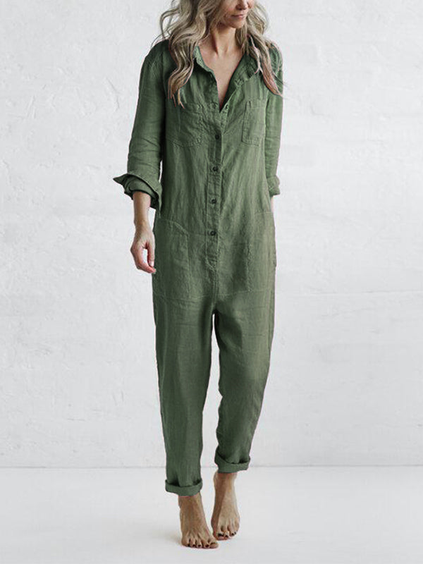 Avslappnad jumpsuit | knappslå | krage | långärmad jumpsuit | linnejumpsuit dam-Eva Jonsson