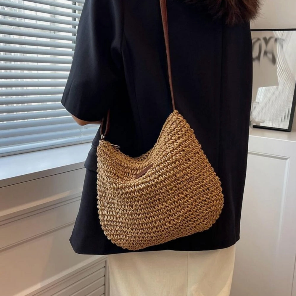 Axelremsväska | Beige | Justerbar rem | Straw Bag | Crossbody Bag-Eva Jonsson