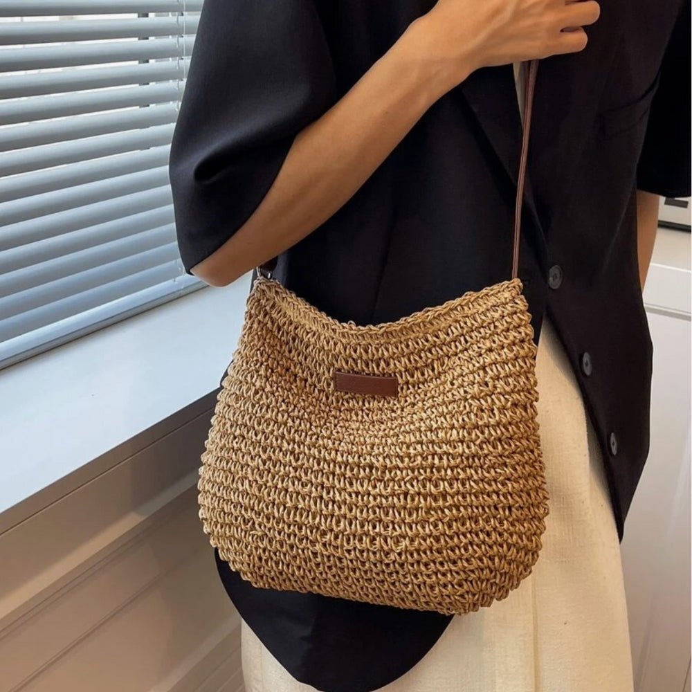 Axelremsväska | Beige | Justerbar rem | Straw Bag | Crossbody Bag-Eva Jonsson