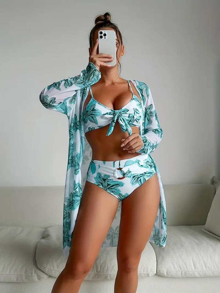 Bikini Cover-Up Set, hög midja, tryck, bikiniset, strandkläder-Eva Jonsson