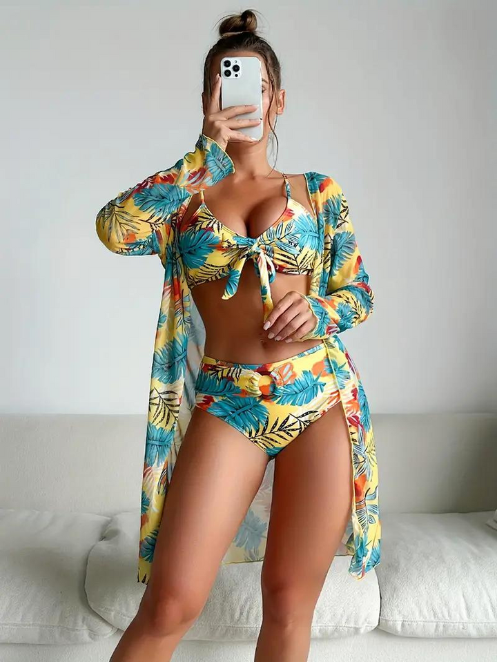 Bikini Cover-Up Set, hög midja, tryck, bikiniset, strandkläder-Eva Jonsson