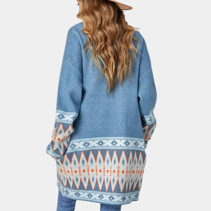 Blå kofta – Boho – Öppen fram – Lång kofta – Damtröjor-Eva Jonsson