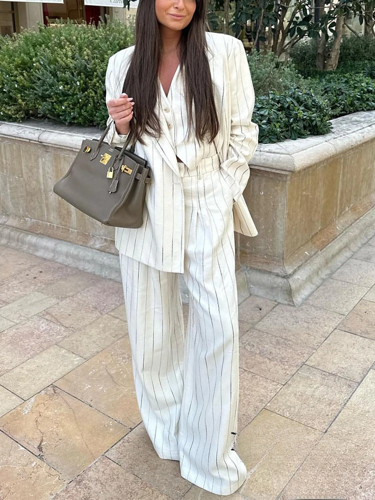 Blazer Set - 2-delad randig Blazer Vest Wide Leg Pants Co-Ord Set för kvinnor-Eva Jonsson