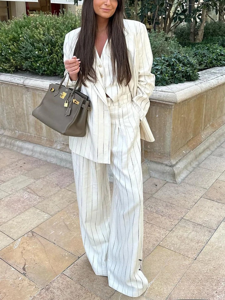 Blazer Set - 2-delad randig Blazer Vest Wide Leg Pants Co-Ord Set för kvinnor-Eva Jonsson