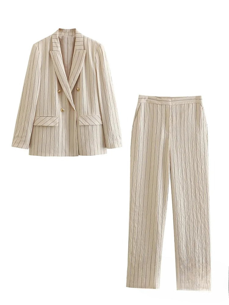 Blazer Set - 2-delad randig Blazer Vest Wide Leg Pants Co-Ord Set för kvinnor-Eva Jonsson