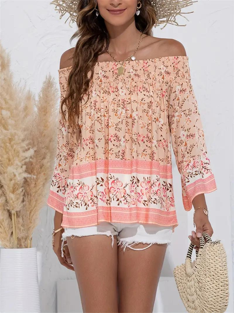 Blommig Blus, off shoulder, långärmad, boho-stil, sommartoppar-Eva Jonsson