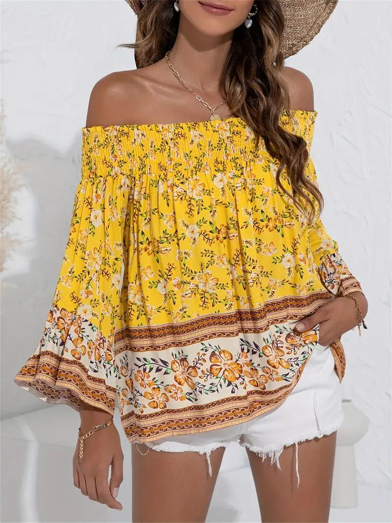 Blommig Blus, off shoulder, långärmad, boho-stil, sommartoppar-Eva Jonsson