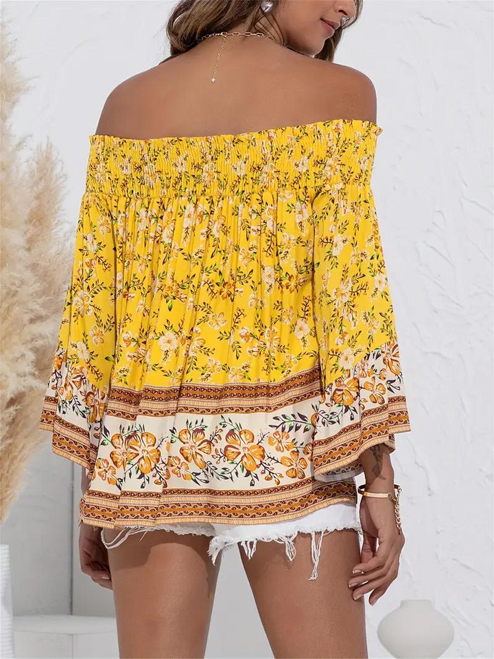 Blommig Blus, off shoulder, långärmad, boho-stil, sommartoppar-Eva Jonsson
