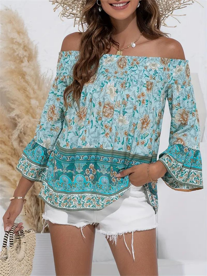 Blommig Blus, off shoulder, långärmad, boho-stil, sommartoppar-Eva Jonsson