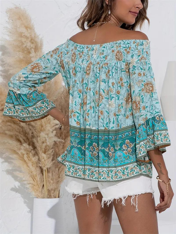 Blommig Blus, off shoulder, långärmad, boho-stil, sommartoppar-Eva Jonsson