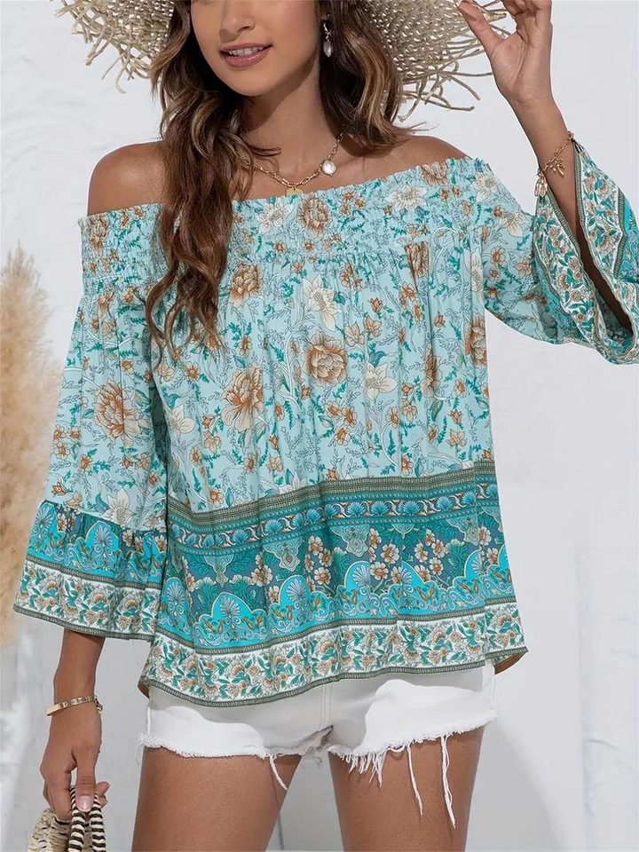 Blommig Blus, off shoulder, långärmad, boho-stil, sommartoppar-Eva Jonsson