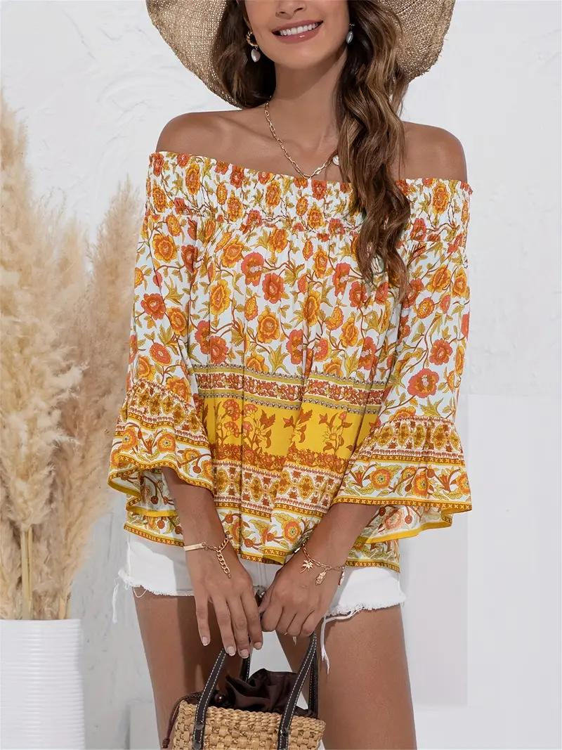 Blommig Blus, off shoulder, långärmad, boho-stil, sommartoppar-Eva Jonsson