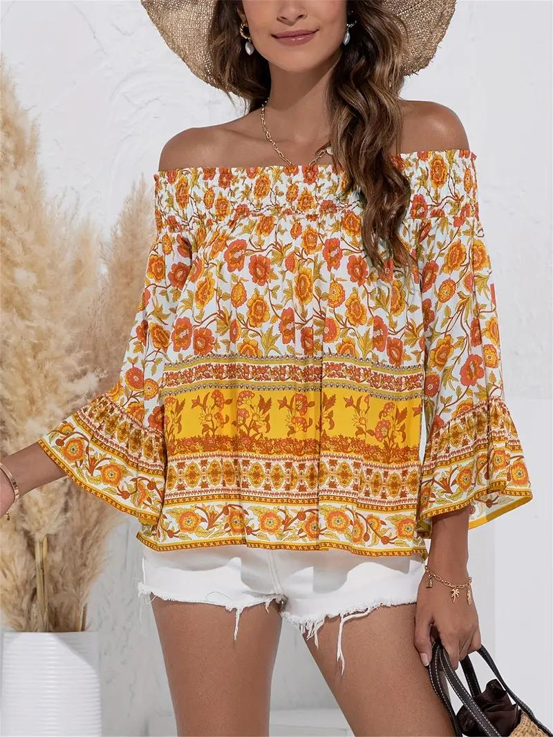 Blommig Blus, off shoulder, långärmad, boho-stil, sommartoppar-Eva Jonsson