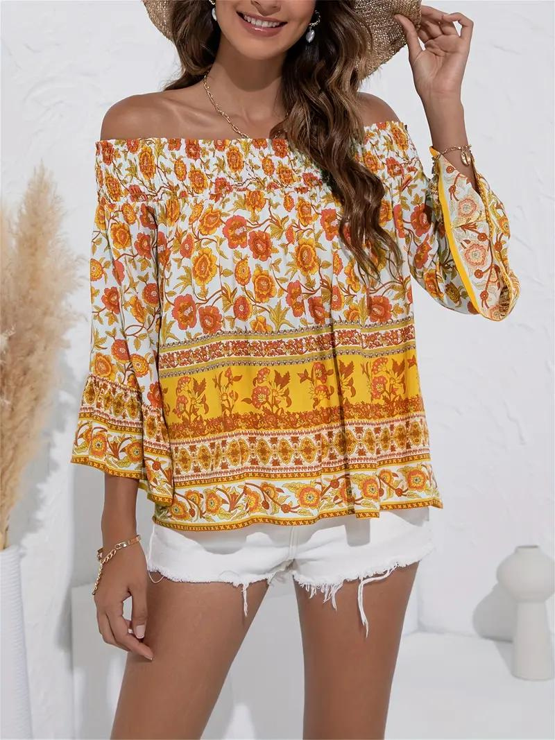 Blommig Blus, off shoulder, långärmad, boho-stil, sommartoppar-Eva Jonsson
