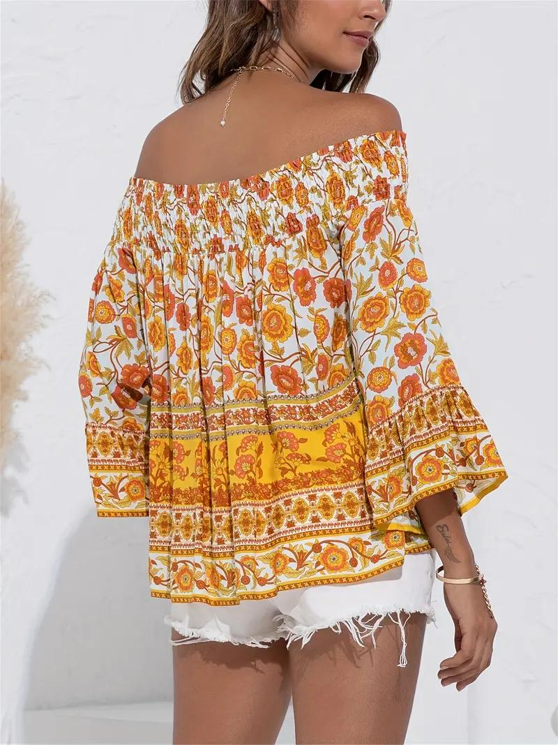 Blommig Blus, off shoulder, långärmad, boho-stil, sommartoppar-Eva Jonsson