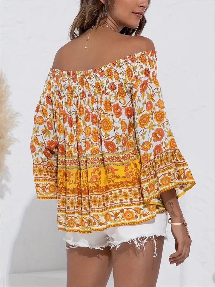 Blommig Blus, off shoulder, långärmad, boho-stil, sommartoppar-Eva Jonsson