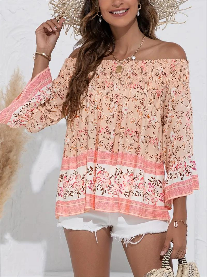 Blommig Blus, off shoulder, långärmad, boho-stil, sommartoppar-Eva Jonsson