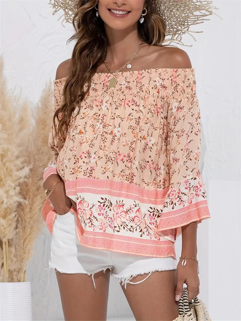 Blommig Blus, off shoulder, långärmad, boho-stil, sommartoppar-Eva Jonsson