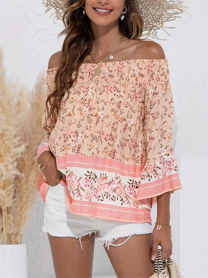 Blommig Blus, off shoulder, långärmad, boho-stil, sommartoppar-Eva Jonsson