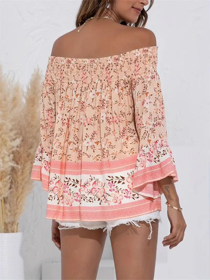 Blommig Blus, off shoulder, långärmad, boho-stil, sommartoppar-Eva Jonsson