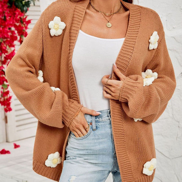 Blommig Cardigan - Oversized - Öppen fram - Stickad Cardigan - Cardigan för kvinnor-Eva Jonsson