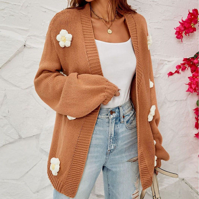 Blommig Cardigan - Oversized - Öppen fram - Stickad Cardigan - Cardigan för kvinnor-Eva Jonsson