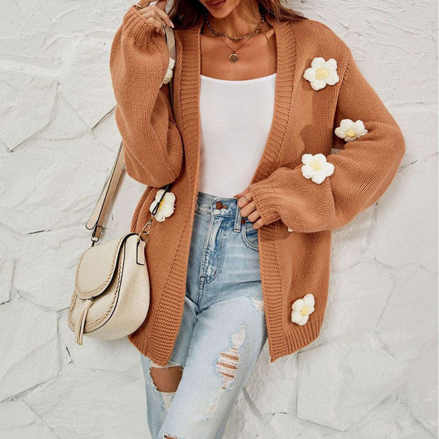 Blommig Cardigan - Oversized - Öppen fram - Stickad Cardigan - Cardigan för kvinnor-Eva Jonsson