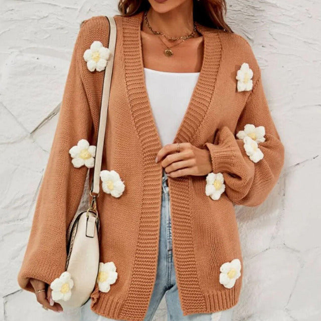Blommig Cardigan - Oversized - Öppen fram - Stickad Cardigan - Cardigan för kvinnor-Eva Jonsson