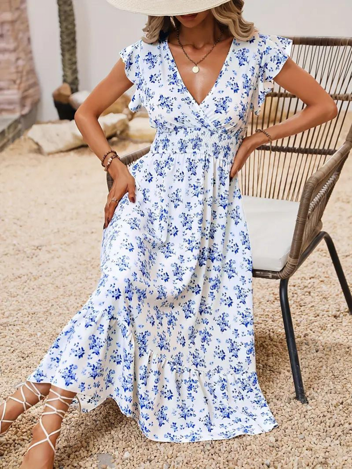 Blommig Klänning - Midi - Midja med rynkad midja - Sommarklänning - Sundresses-Eva Jonsson