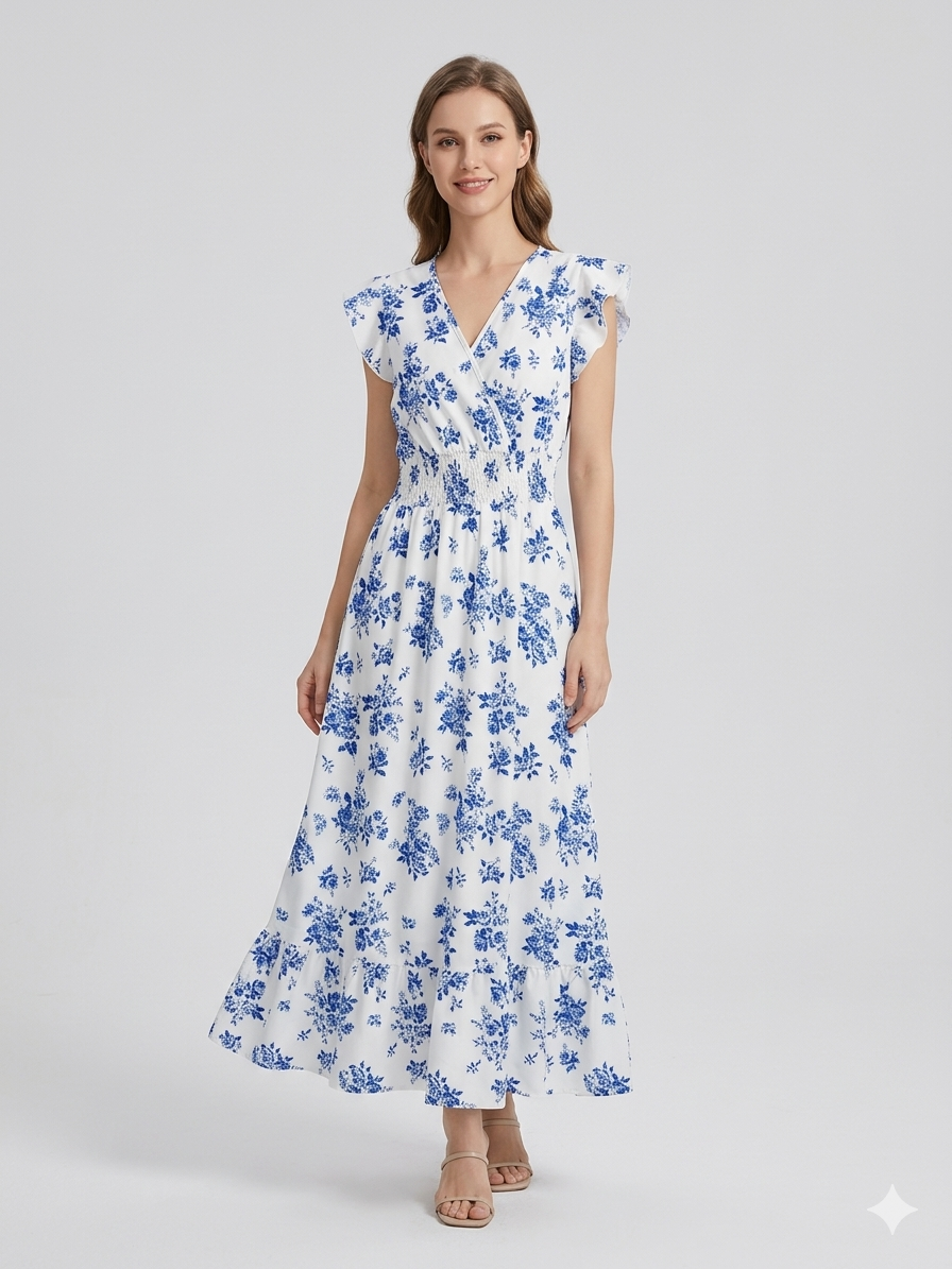 Blommig Klänning - Midi - Midja med rynkad midja - Sommarklänning - Sundresses-Eva Jonsson