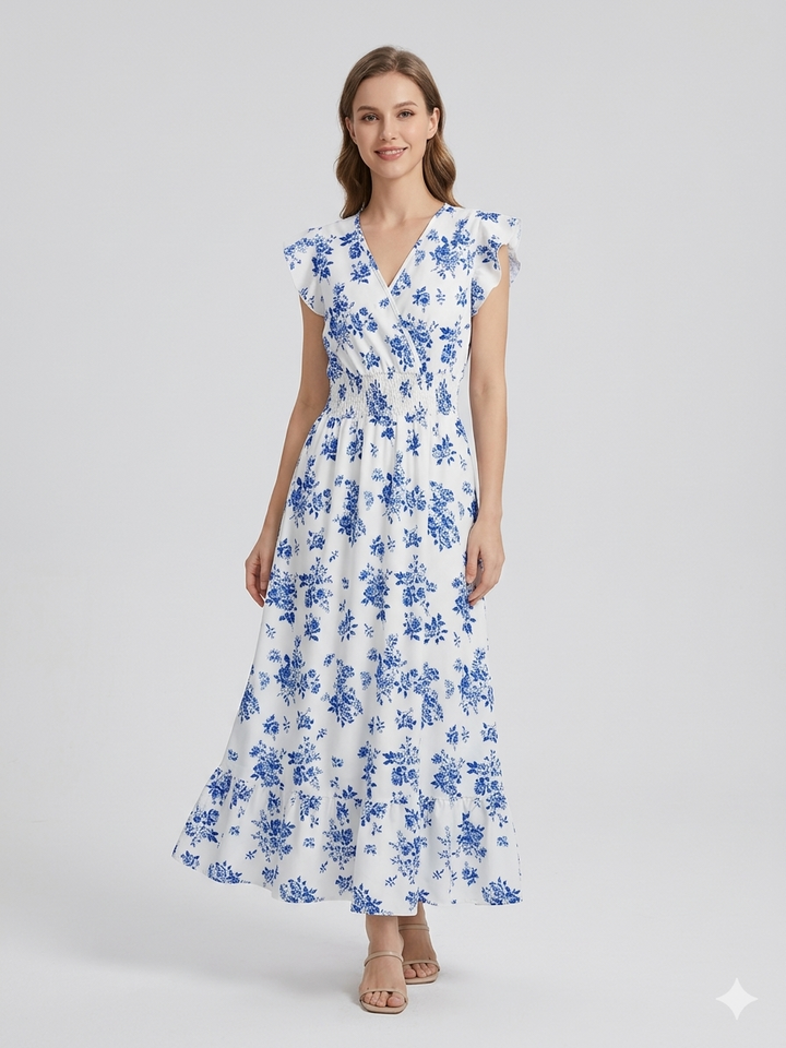 Blommig Klänning - Midi - Midja med rynkad midja - Sommarklänning - Sundresses-Eva Jonsson