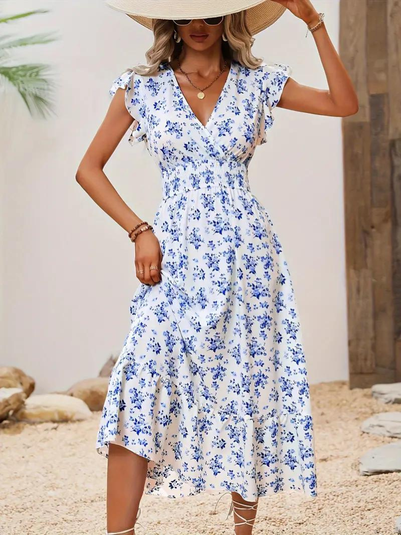 Blommig Klänning - Midi - Midja med rynkad midja - Sommarklänning - Sundresses-Eva Jonsson