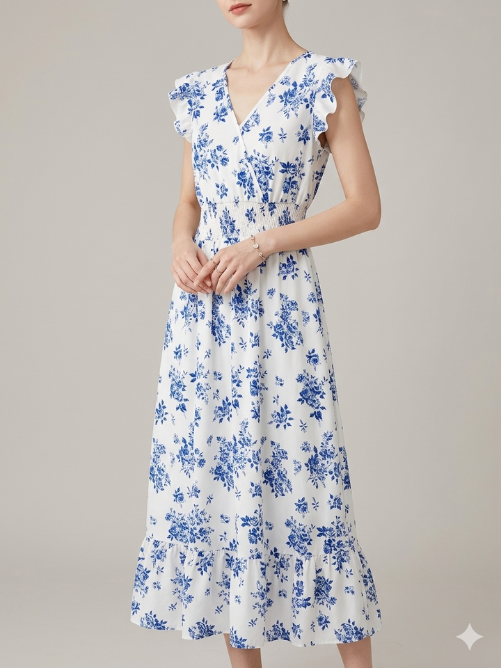 Blommig Klänning - Midi - Midja med rynkad midja - Sommarklänning - Sundresses-Eva Jonsson