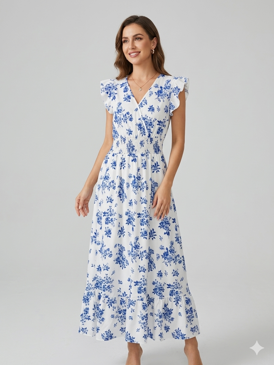 Blommig Klänning - Midi - Midja med rynkad midja - Sommarklänning - Sundresses-Eva Jonsson