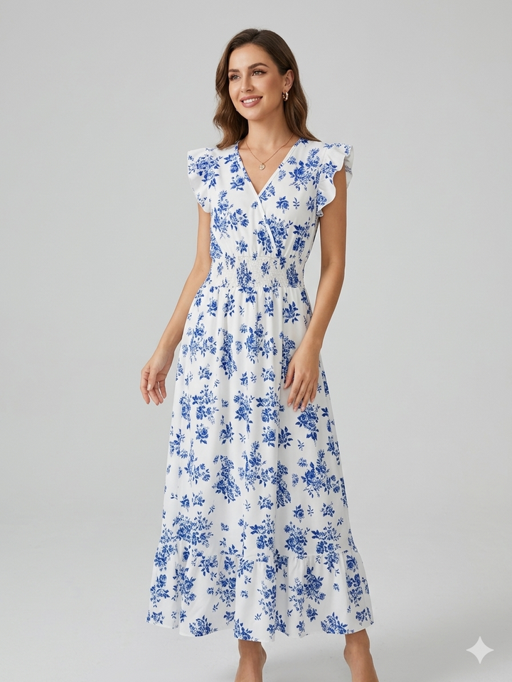 Blommig Klänning - Midi - Midja med rynkad midja - Sommarklänning - Sundresses-Eva Jonsson