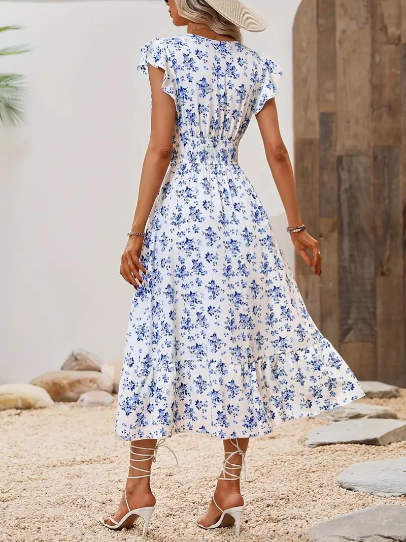 Blommig Klänning - Midi - Midja med rynkad midja - Sommarklänning - Sundresses-Eva Jonsson