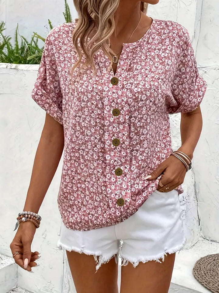 Blommig Topp - Kortärmad - Knäppt - Sommartopp - Blommig blus för damer-Eva Jonsson