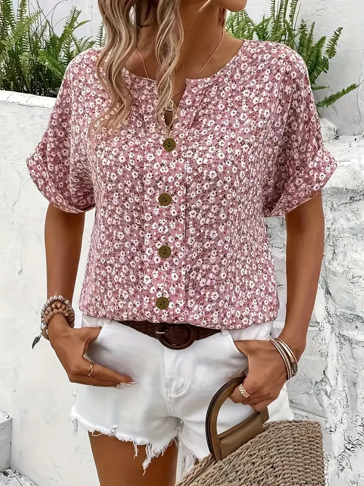 Blommig Topp - Kortärmad - Knäppt - Sommartopp - Blommig blus för damer-Eva Jonsson