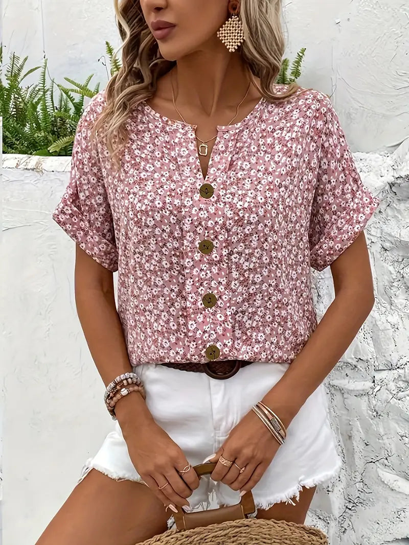 Blommig Topp - Kortärmad - Knäppt - Sommartopp - Blommig blus för damer-Eva Jonsson