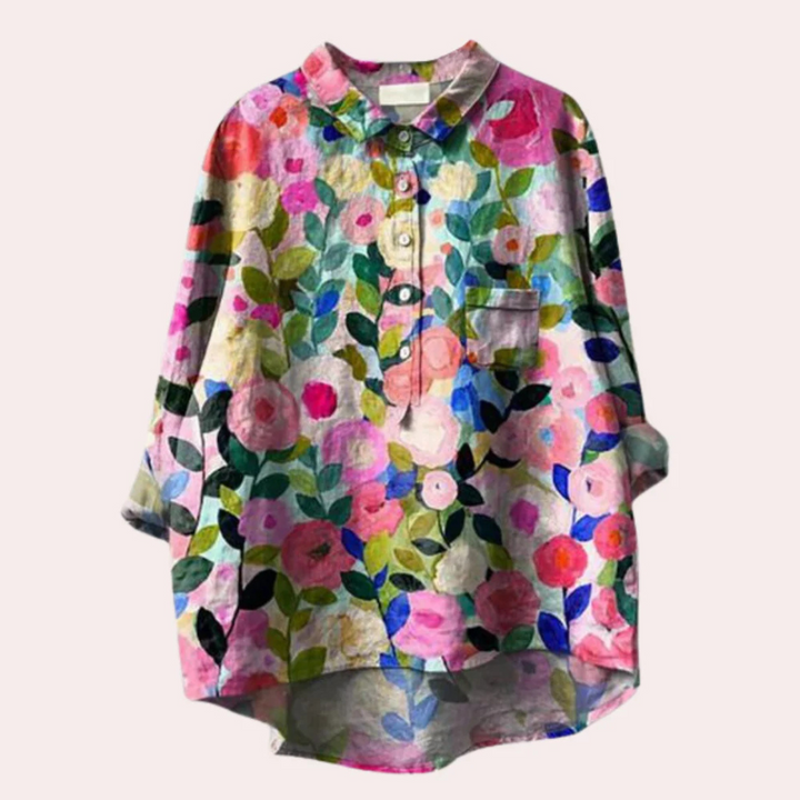 Blommig blus - Långärmad - Knäppt - Överdimensionerad blus - Damkläder-Eva Jonsson